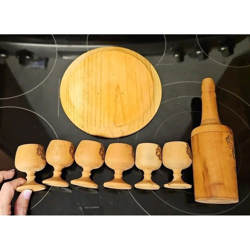 Vintage Burnt Wooden Pyrography Folk Art Decanter w\ Small Platter and 6 Goblets